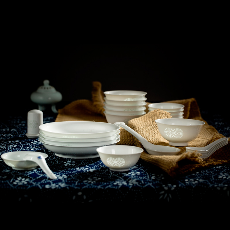 古镇陶瓷 景德镇瓷器中式玲珑白瓷订婚礼品餐具家用碗碟盘套装组合 白玲珑招财进宝