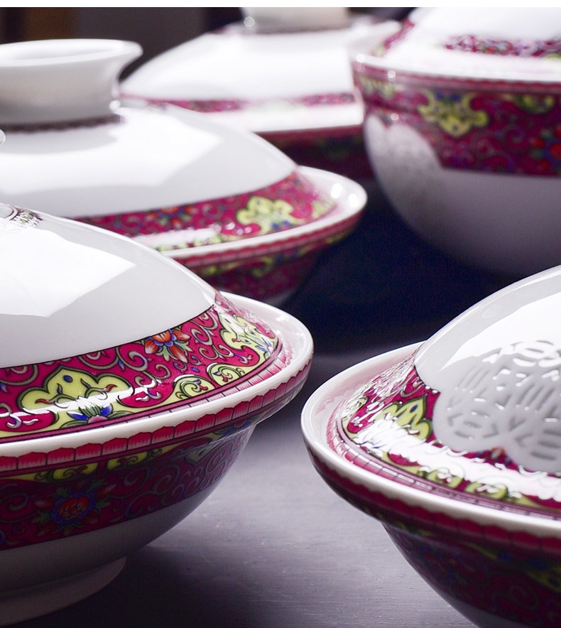 古镇陶瓷 景德镇陶瓷带盖碗汤碗深盘菜盘7寸盘子珐琅彩合器餐具
