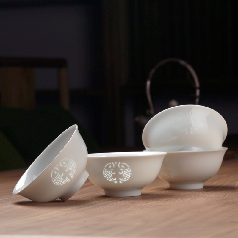 古镇陶瓷饭碗家用玲珑碗景德镇瓷器吃饭瓷碗面碗白瓷餐具创意套装 年年有余六个一组礼盒装