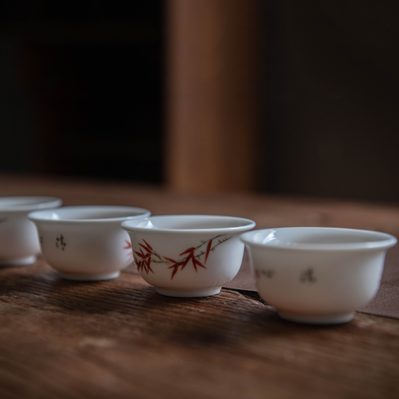 景德镇手绘陶瓷茶具套装家用青花瓷手绘功夫茶具白瓷茶具 红竹双鸟